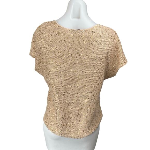 Reserved Women's Tan Sequin Knit Short Sleeve Deep V-Neck Sweater Top Size M - Picture 2 of 3